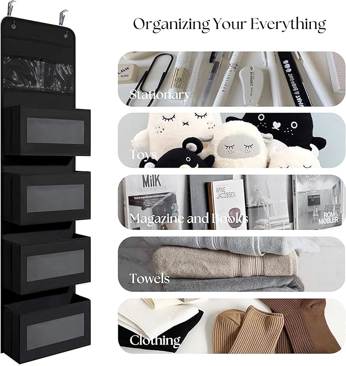 Over Door Organizer with 4 Large Capacity Pockets, Hanging Organizer Storage for Closet Bathroom Nursery Bedroom Dorm, Toys Cosmetics Sundries and Baby Essentials, Black