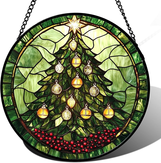 Stained Glass Window Hanging - Green Christmas Tree Golden Bells Suncatcher for Doors Home Christmas Decoration Sun Catcher Thanksgiving New Year Birthday Gift for Women Men Mom Nana 15 in