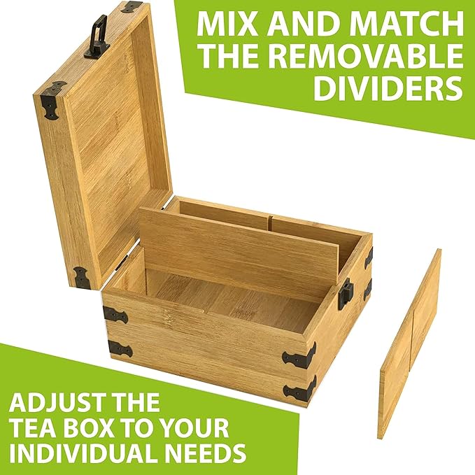 Bamboo Tea Organizer Box Chemical Free Eco-Friendly Big, Tall, Adjustable Cubbies Natural Wooden Storage Chest (4-Slot Square 7.4" x 8.1" x 4.2")