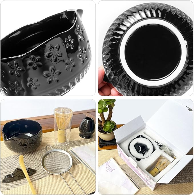 APLSTOW Matcha Whisk Set - Traditional Japanese Handmade Bamboo Matcha Whisk and Holder, Matcha Bowl,Bamboo Scoop, Scoop Rest, Sifter and Tea Towel (Black)