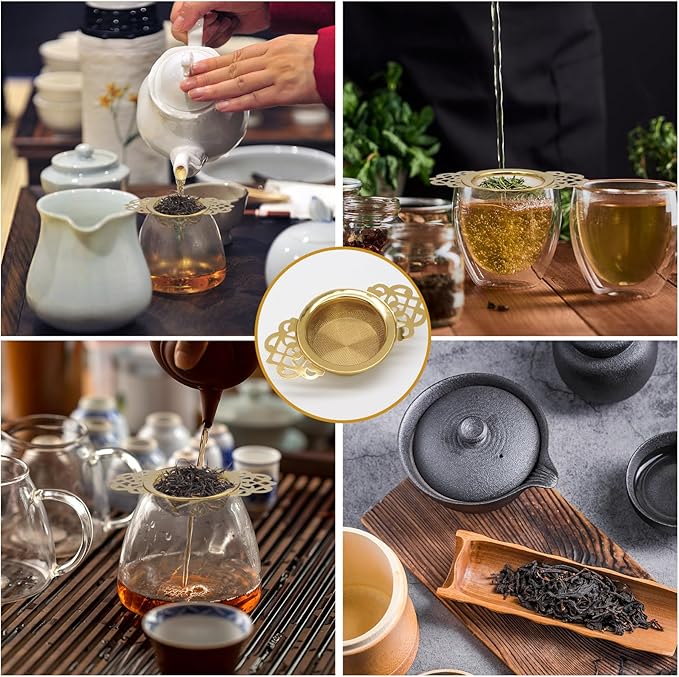 2 Pack Tea Strainers with Drip Bowls Stainless Steel Mesh Tea Infusers Loose Leaf Tea Filter with Handles Tea Steeper for Tea Juice Coffee Drinks, Gold