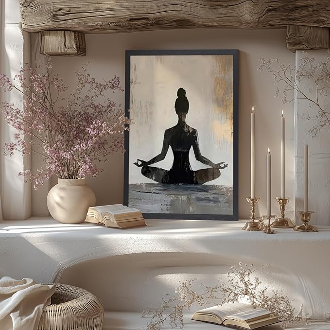 GELDSTEI Wood Framed Zen Wall Art, Modern Yoga Girl Canvas Painting, Tranquil Meditation Wall Decor, Spiritual Aesthetic Picture, Calming Mindfulness Poster Prints for Living Room Spa Yoga 12"x16"