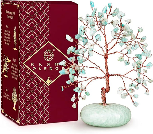 KARMAPLEDGE Crystal Tree of Life Home and Office Feng Shui Decor, Amazonite Healing Crystal Handmade Bonsai Tree for Positive Energy, Good Luck, Money, Christmas Decor, Birthday Gifts for Women, Mom