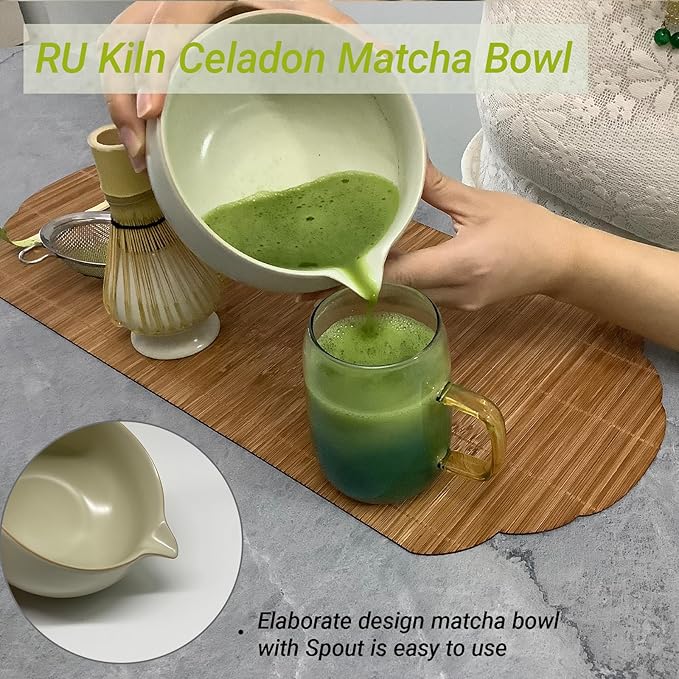 Matcha Whisk Set – 5 Pcs Matcha Set Whisk and Bowl with Spout, Bamboo Scoop, Sifter & Holder – Ru Kiln Matcha Bowl Japanese Tea Kit for Gifts, Home Use & Ceremonial Rituals (White)
