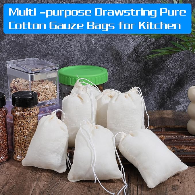 30Pcs Reusable Drawstring Muslin Bags, 3.94x3.15In Empty Spice Bags for Cooking, Tea Bag for Loose Tea, Natural Cotton Nut Milk Strainer Bag for Home Office Filtering Cook Soup Cold Brew Coffee