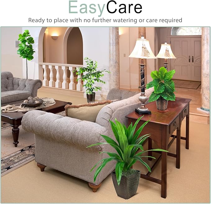 LCG Florals- Set of 4 Ficus Trees in Copper Metal Pots with Real-Wood Trunks - Indoor and Outdoor Faux Plants for Patio, Living Rooms, Offices & Kitchens