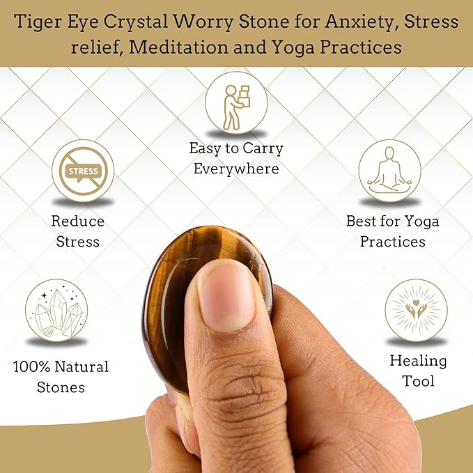 Tiger Eye Worry Stones – Crystal Thumb Worry Stone for Anxiety, Stress – Relaxing and Soothing Balance Stones for Meditation, Stress Relief – Healing Stones and Crystals for Men and Women