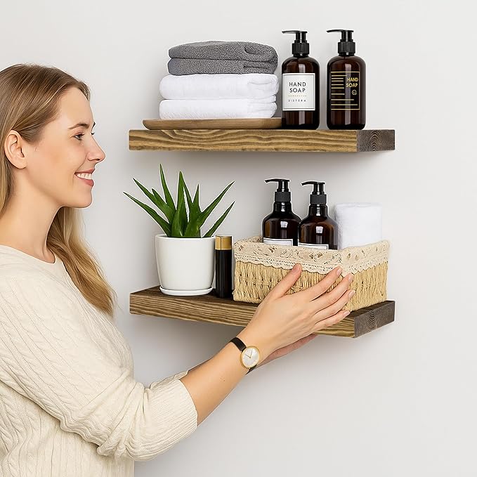 BGMG Wood Floating Shelves for Wall 18 inch Set of 2, Rustic Wooden Wall Mount Shelves for Bathroom Living Room Bedroom Kitchen Farmhouse -18x 6.7 x1.25 inch- Walnut Color