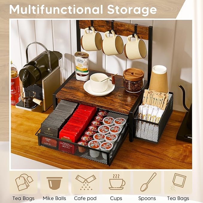Tea Bag Organizer, Wood Tea Organizer and Storage Cheast, Tea Bag Holder with Storage Drawer, 4 Hooks for Tea Cups Holder, Tea Station Chest Display Container Box for Countertop Kitchen, Brown