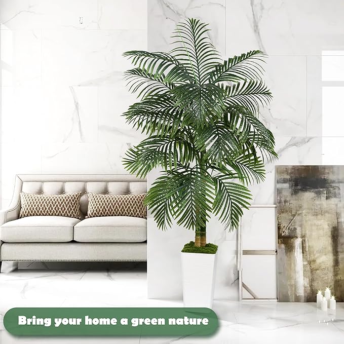 Artificial Palm Tree Indoor Plant Tall Fake Tropical Palm Tree in Pot with Real Bark Design Faux Areca Palm Tree for Home Office Living Room Bedroom Farmhouse Modern Outdoor Decor (21 Leaves 6 FT)