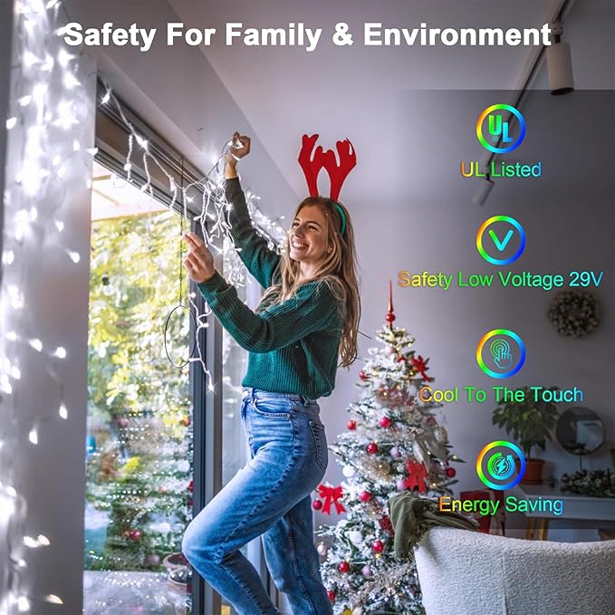 1296 LED 131FT Christmas Lights 288 Drops, Outdoor Hanging lights with 8 Modes & Timer, Plug in Curtain String Light Outdoor Waterproof for House Tree Holiday Wedding Party Outside Decor (Cool White)