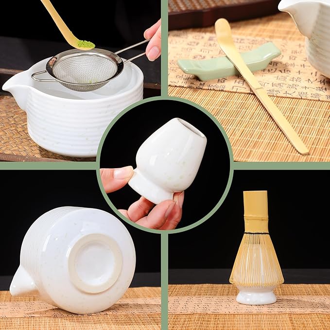 Matcha Bowl Set, Matcha Whisk and Holder, Stainless Sifter & Bamboo Scoop, Towel, 7 PCS Matcha Starter Kit for Matcha Lovers, White
