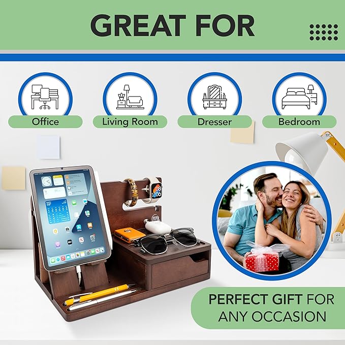 Nightstand Organizer- Bedside Docking Station for Men- Unique Gifts for Husband, Father or Dad from Wife, Son or Daughter- Desk Organizer for Phone, Watches, Wallet & Accessories (Brown)