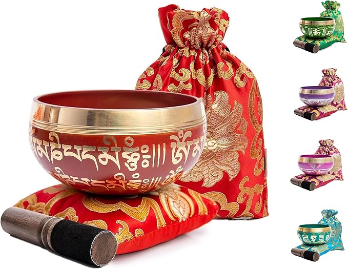 Tibetan Singing Bowl Set - Easy To Play for Beginners - Authentic Handcrafted Mindfulness Meditation Holistic Sound 7 Chakra Healing Gift by Himalayan Bazaar (Crimson)