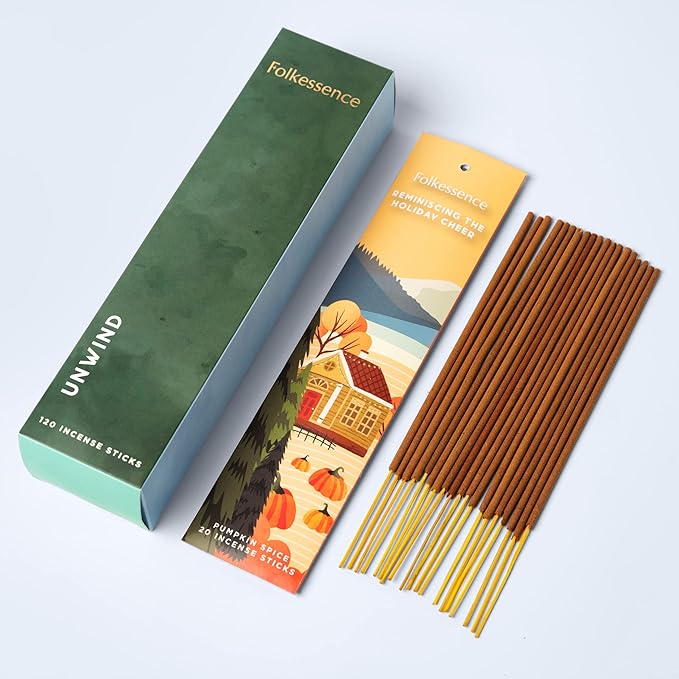 Folkulture Incense Sticks | Set of 6 (120 Fall Insence-Sticks) with 45 Mins Burn Time | Non Toxic Balsam Cedarwood, Oud, Jasmine, Pumpkin Spice Incense | Organic Peppermint Inscents-Sticks
