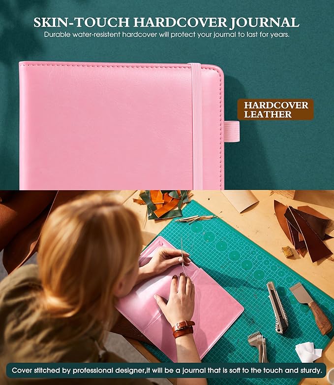 Lined Journal Notebook for Women, A5 100 GSM Thick Paper, Pink Leather Hardcover Journal for Writing, Travel Journal Diary 160 Pages (5.75'' X 8.38'')