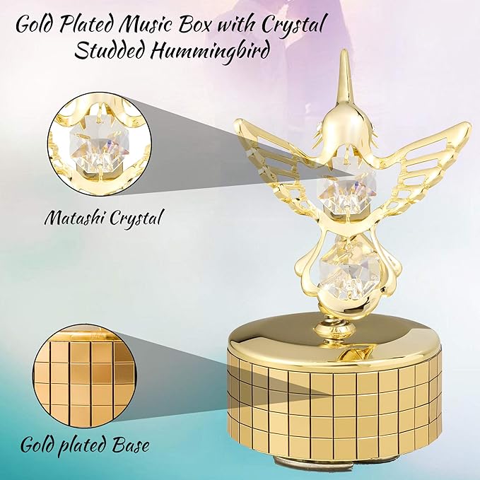 Matashi Christmas Gift for Women - Hummingbird Music Box with 24K Gold Plated Crystal - Tabletop Showpiece for Home, Office, Living Room for Her