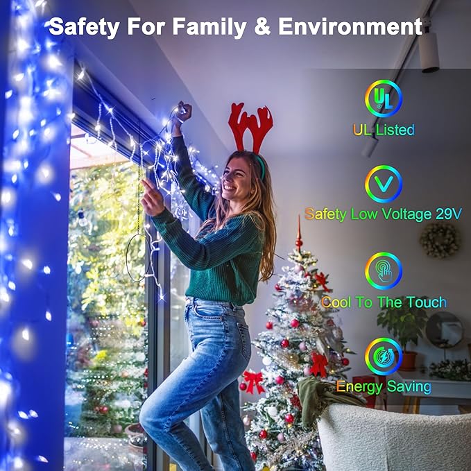 50FT 504 LED Outdoor Christmas Lights - 112 Ice Drops, 12 Pro Modes with Timer Memory & Brightness, Waterproof Hanging Ice String Light for Holiday Wedding Garden Fence House Decor (Blue & White)