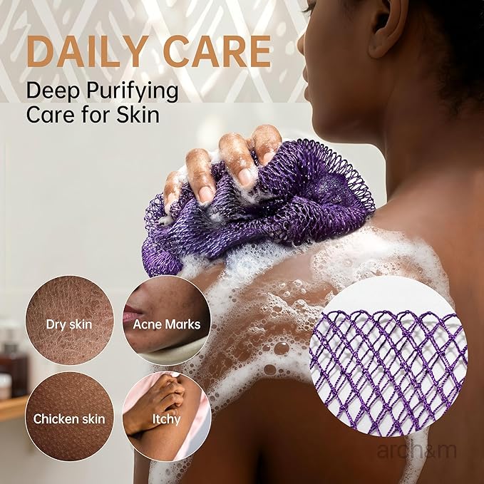 African Net Sponge Authentic Exfoliating - Exfoliating Body Scrub Bath Sponge Back Scrubber Washcloth for Shower Travel Toiletry Bag Real African Afroscrub Exfoliator Bathing Care Accessories Purple