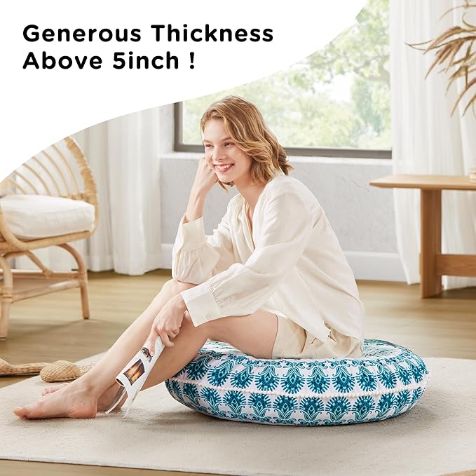 Codi Meditation Floor Pillow Set of 2, Round Large Pillows Seating for Adults, Bohemian Mandala Circle Cushion for Outdoor Fireplace Yoga Living Room, 32 Inch, Memory Foam Added, Aqua