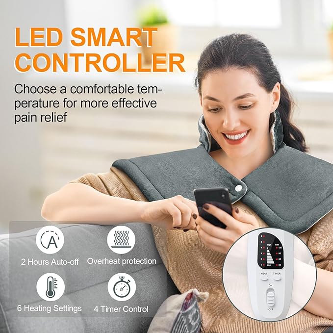 Heating Pad for Neck and Shoulders and Back, Christmas Birthday Gifts for Women Mom Wife Men Dad, Mothers Day Gifts, Weighted Neck and Shoulder Heating Pads, 6 Heat Settings 4 Auto-Off,17"x23" Gray