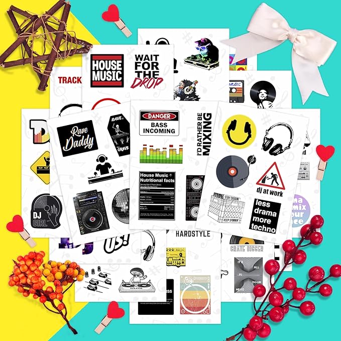 BulbaCraft 100Pcs DJ Stickers for Water Bottle and Laptop - DJ Party Favors & Decorations, Waterproof Vinyl Decals, Music and Turntable Stickers, Gifts for Women & Men