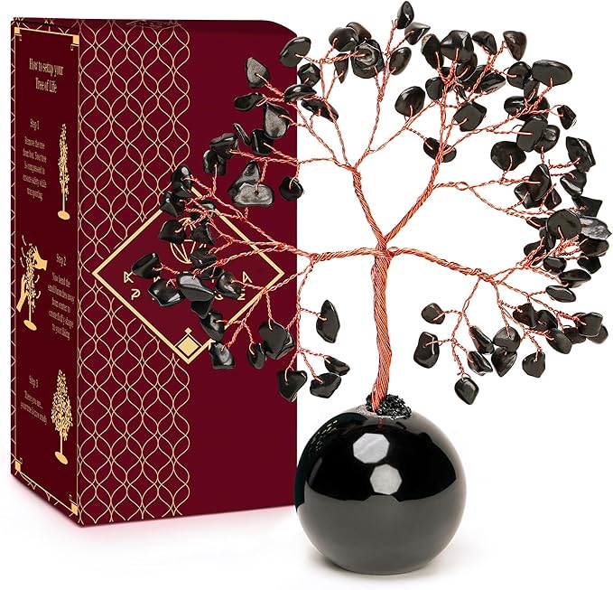 Crystal Tree of Life Birthday Gifts for Women, Mom Black Obsidian Healing Crystals Tree for 7 Chakra Balance, Reiki Healing, Positive Energy, Good Luck, Money, Meditation, Home and Office Desk Decor