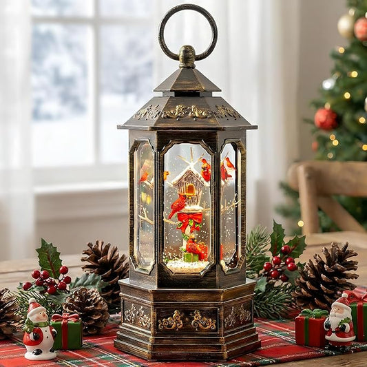 Musical Snow Globe Lantern Lighted Cardinal & Birdhouse Christmas Snow Water Lantern Swirling Glittering Home Decoration and Gift, Battery Operated or USB Powered