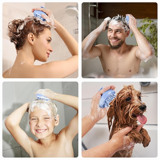 HEETA Scalp Scrubber Shampoo Brush, Scalp Massager Tool for Hair Growth, Soft Silicone Bristles for Dandruff Removal Wet Dry Use Women Men Kids Pet, Fit All Hair Types Care, Blue