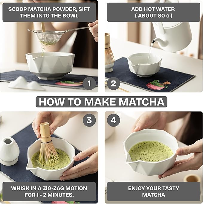 TEPEAK Matcha Whisk Set, 7 Pcs Matcha Set white, Matcha Kit for Ceremony, Matcha Tea Set for Making Breakfast/Latte, Ceramic Matcha Bowl (Chawan) with Spout and Bamboo Whisk, Gift for Friend/Family