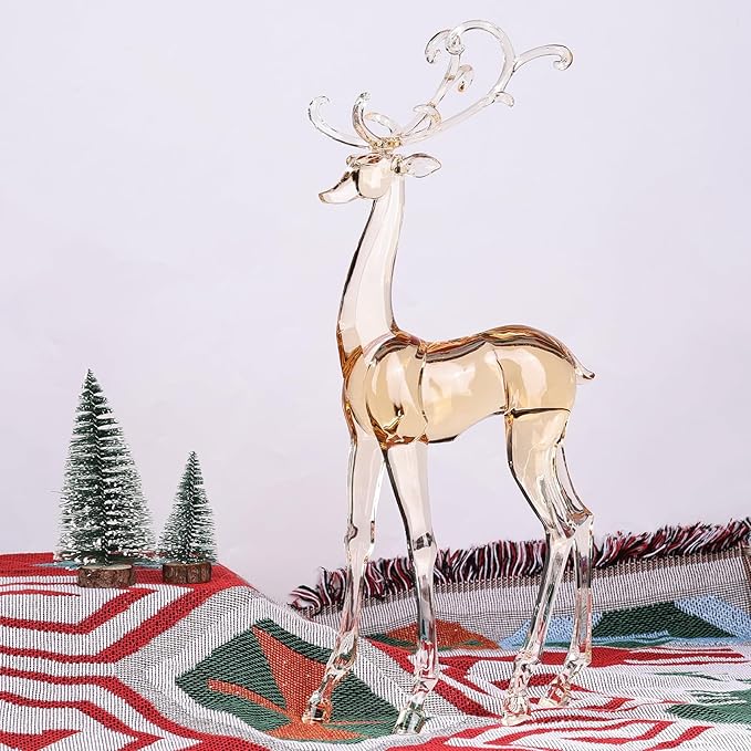 18" Tall Acrylic Christmas Reindeer Figurine - Elegant Clear Large Reindeer Ornaments for Christmas Indoor Decor, Holiday Centerpiece, Living Room, Fireplace, Table Display (Gold Standing Reindeer)