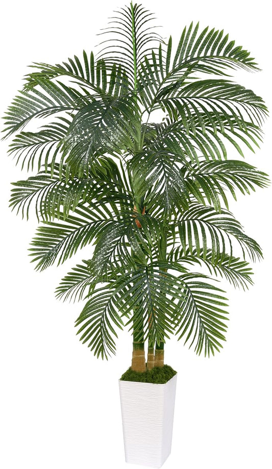 Artificial Golden Cane Palm Tree 7FT, Fake Palm Tree with Three Realistic Trunks and Lifelike Palm Leaves, Faux Palm Plant for Indoor Home Décor with White Planter