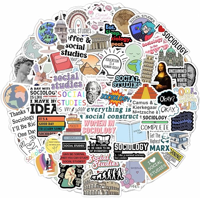 BulbaCraft 100Pcs Social Studies Stickers for Water Bottle and Laptop - Social Studies Party Favors & Decorations, Waterproof Vinyl Decals, History and Culture Stickers, Gifts for Women & Men