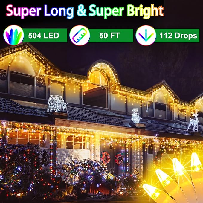 50FT 504 LED Outdoor Christmas Lights - 112 Ice Drops, 12 Pro Modes with Timer Memory & Brightness, Waterproof Hanging Ice String Light for Holiday Wedding Garden Fence House Decor (Warm White)