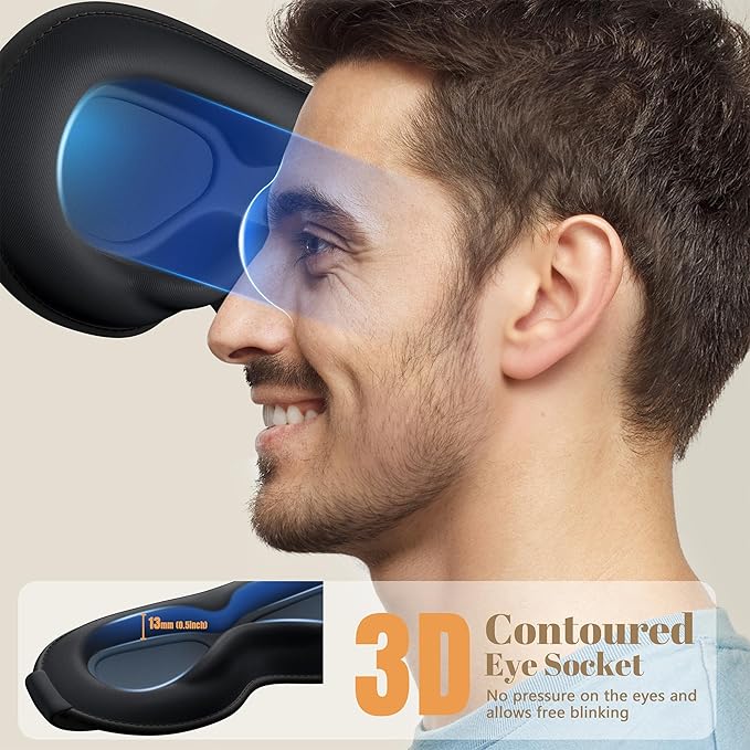 Sleep Mask for Men Women - 100% Blackout Eye Masks for Sleep, Zero Pressure 3D Sleeping Mask, Adjustable Light Blocking Eye Cover Blindfold for Travel, Nap, Night Work, Office - Black