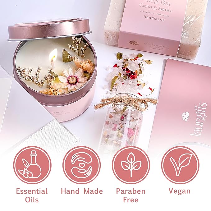 Orchid & Jasmine Spa Box for Women – Birthday, Christmas & Pink Gifts, Self Care & Relaxation Set with Candle, Soap & Bath Salts – Elegant Ready-to-Give Package for Mom, Sister, or Friend