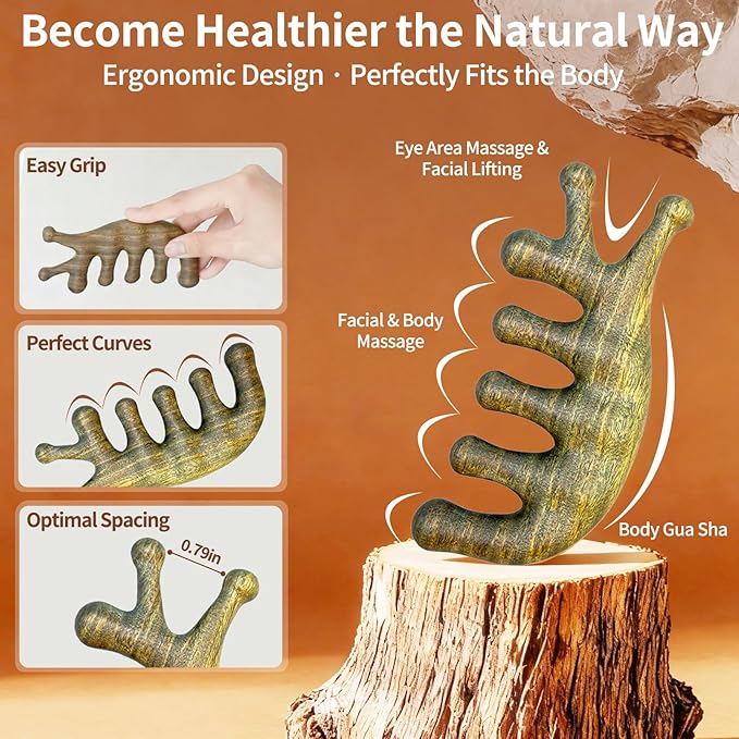 Green Sandalwood 4-in-1 Massage Comb & Gua Sha Tool for Scalp, Face & Body – Natural Wooden Comb for Relaxation, Stress Relief & Hair Care – Luxury Self-Care Gift for Women, Mom & Girlfriend
