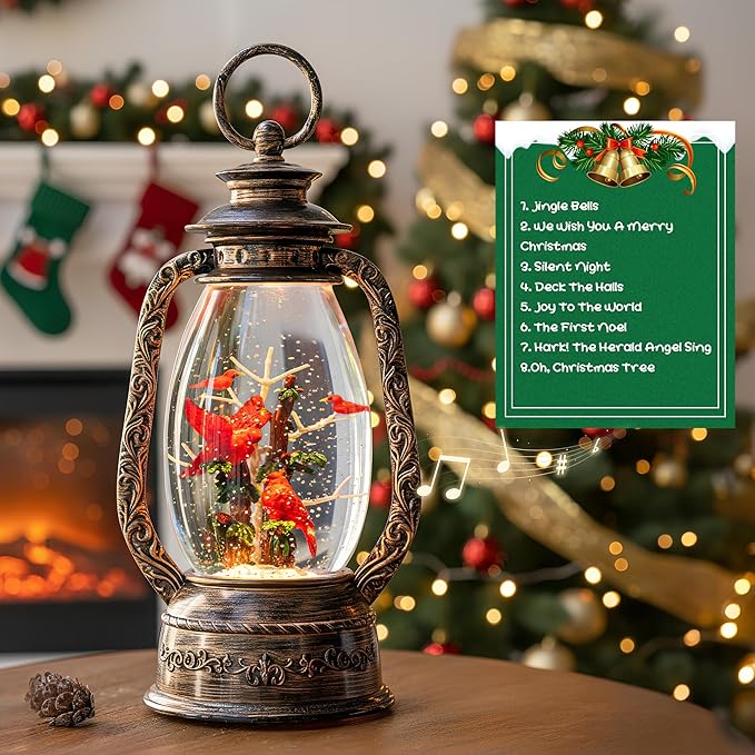 12'' Lighted Cardinals Snow Globe Lantern, Music Water Lantern with Swirling Glitter Decoration for Christmas Home, Living Room, Battery Operated or USB Powered