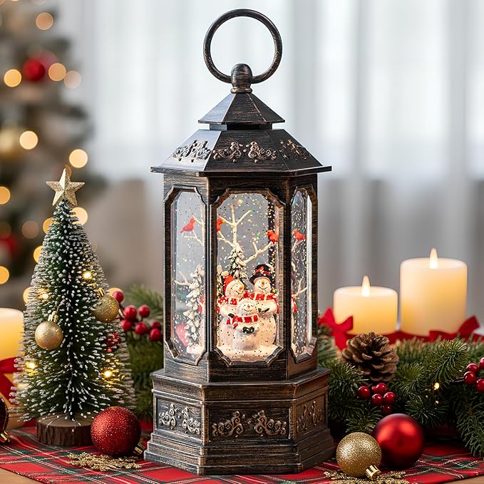 Christmas Snowman Choir Snow Globe Lantern with Swirling Glitter, USB Lined/Battery Operated Lighted Musical Snowman Carolers Water Lantern for Christmas Festival Decoration Gifts
