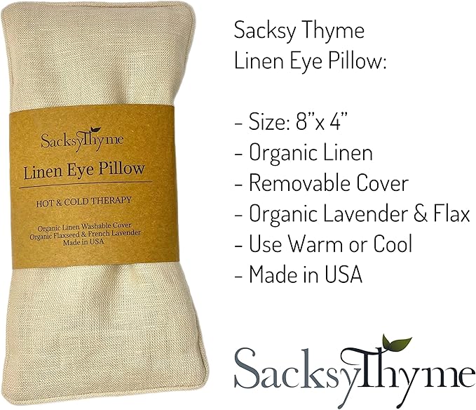 Sacksy Thyme Organic Linen Eye Pillow - Lavender & Flaxseed for Relaxation, Yoga, Stress Relief - Microwavable Heating Pad & Cool Compress - Made in USA - Gifts for Meditation