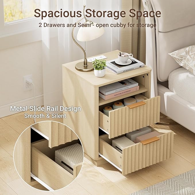 Fluted Nightstand Set of 2 with Charging Station, 18" Modern Farmhouse Night Stand, 2 Drawers End Table with Storage, Bedside Table for Bedroom Home Office, Curved Profile (Natural Oak)