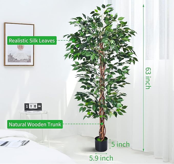 Artificial Ficus Tree 5FT Faux Silk Plants with Sturdy Plastic Nursery Pot,Fake Ficus Trees for Home Office Farmhouse Indoor Outdoor Decor Perfect Housewarming Gift (5FT-2Packs)
