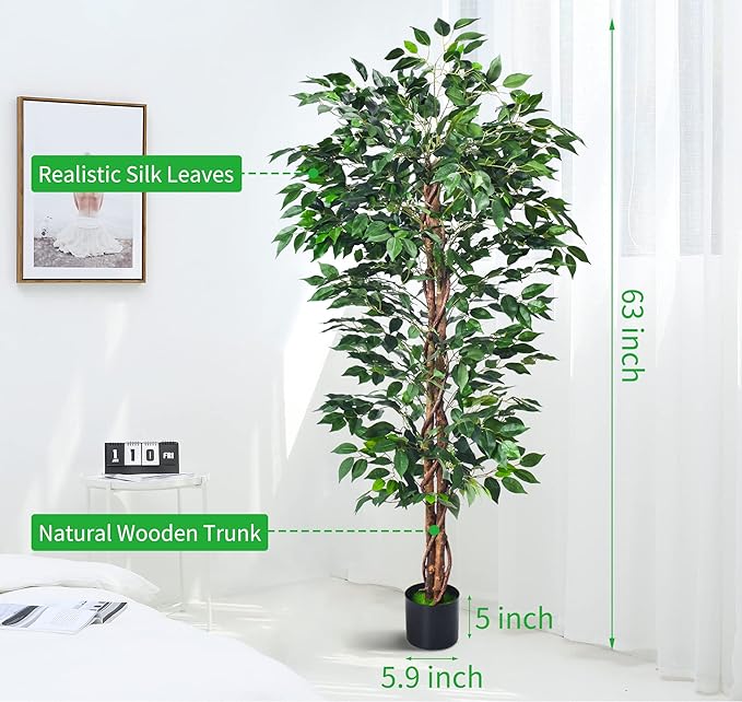 Artificial Ficus Tree 5FT Faux Silk Plants with Sturdy Plastic Nursery Pot,Fake Ficus Trees for Home Office Farmhouse Indoor Outdoor Decor Perfect Housewarming Gift (5FT-1Pack)