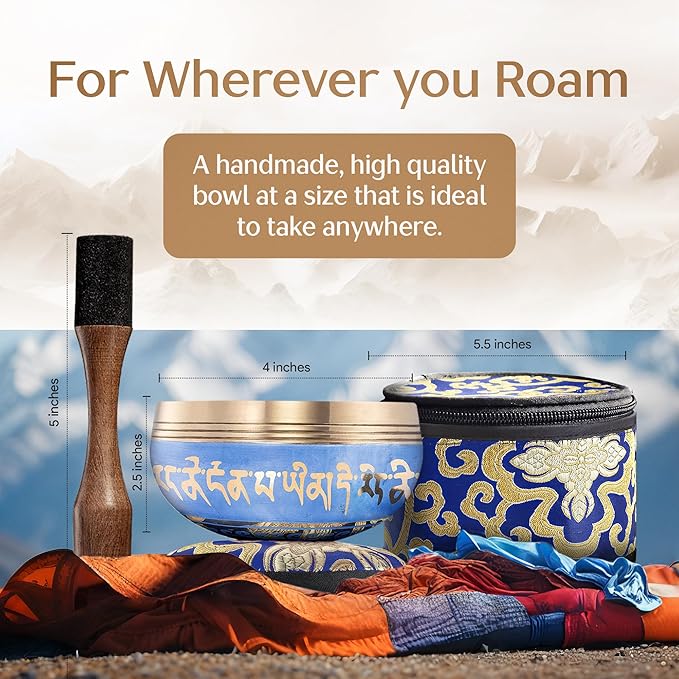 Handmade Tibetan Etched Singing Bowl Set with Case – Meditation Bowl & Sound Bowl with Cushion, Mallet & Guide – Ancient Tibetan Meditation Bowl for Therapy – Spiritual Decor Enhancements