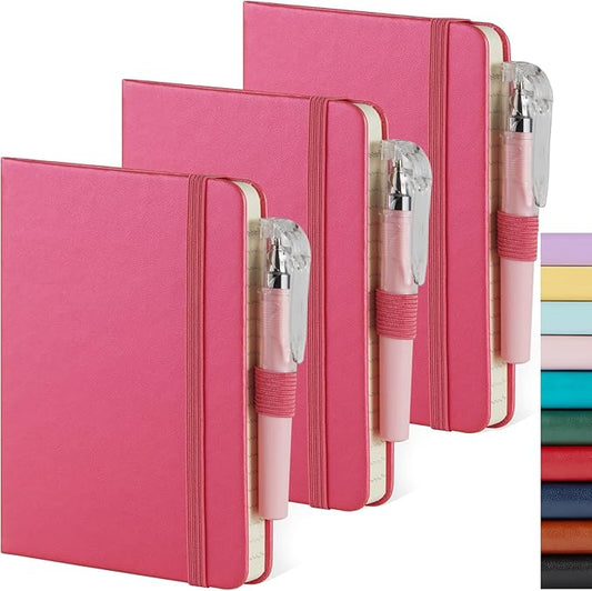 3 Pack Small Journal Notebook with Pen, Mini Pocket Leather Notepad Notebook 3.7" x 5.7" with 408 Pages, Ribbon Bookmark, Pearlescent Pink