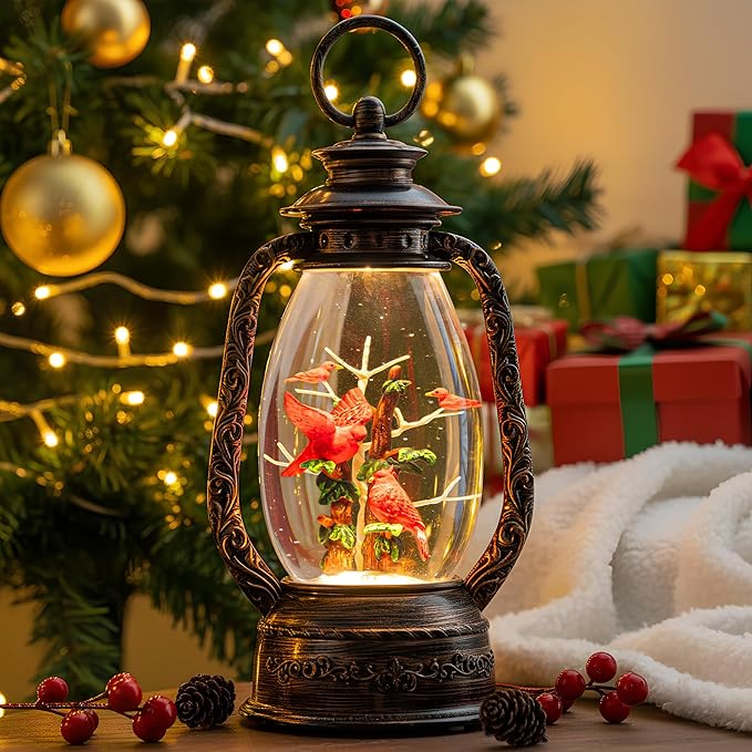 12'' Lighted Cardinals Snow Globe Lantern, Music Water Lantern with Swirling Glitter Decoration for Christmas Home, Living Room, Battery Operated or USB Powered
