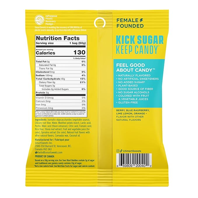 SmartSweets Sour Blast Buddies, Low Sugar Gummy Candy (3g), Low Calorie (130), Gluten-Free -1.8oz (Pack of 6) Packaging may vary
