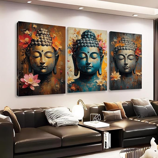 Findbeauty Buddha Canvas Wall Art, Floral Buddha Canvas Print, Zen Meditation Wall Decor, 3 Pcs Buddhist Pictures, Inspirational Wall Decor, Spiritual Wall Art for Living Room (12" x 18" x 3 pcs)