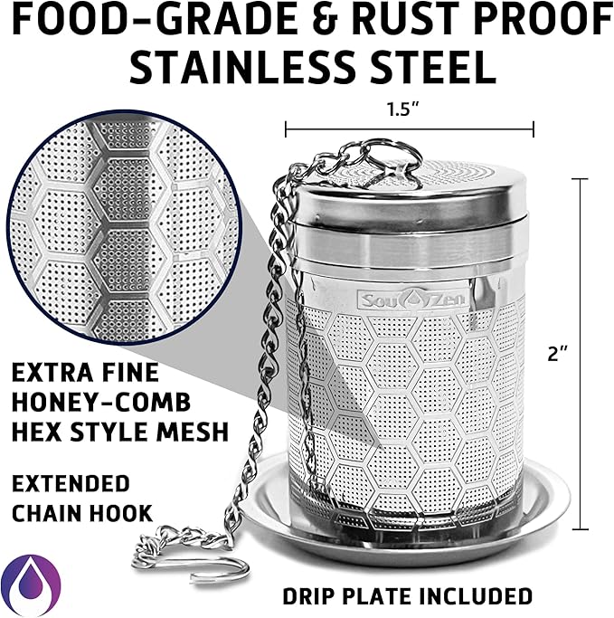 Sou Zen Tea Infuser (2 Pack & Teaspoon Scoop) | Extra Fine Hex Mesh Loose Leaf Tea Strainers | 304 Stainless Steel Tea Steeper with Extended Chain Hook | Perfect for Brewing Loose Tea, Herbs & Spices