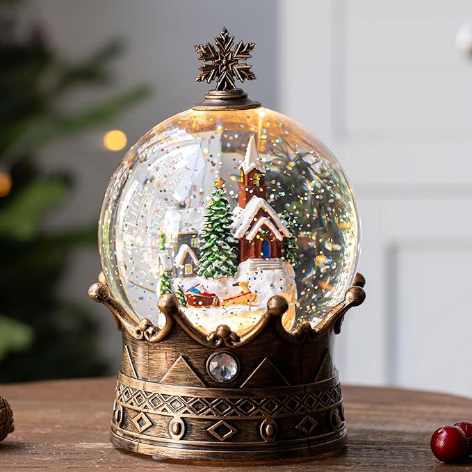 Christmas Village Snow Globe, Lighted Village Church and Santa Musical Crown Water Lantern in Swirling Glitter, Christmas Home Decoration and Gift, Battery Operated or USB Powered